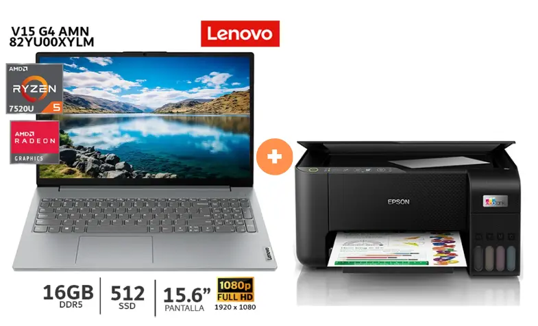 LAPTOP LENOVO V15 G4 AMN  AMD Ryzen 5 7520U /16GB /512GB SSD /15.6" FHD /Windows 11 / ARCTIC_GREY (82YU00X6LM) + Impresora Multifuncional Epson  L3250 ECOTANK WIFI - CO756