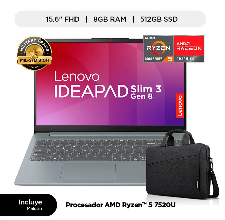 LAPTOP LENOVO IDEAPAD SLIM 3 AMD RYZEN5 7520U(4N/8SUB), 8GB, 512GB SSD, 15.6" FHD, WINDOWS 11, COLOR: ARCTIC GREY + MALETIN LENOVO. 