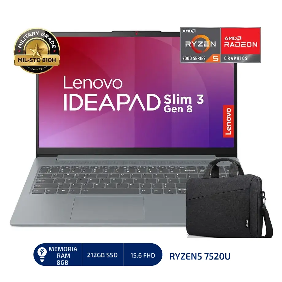 LAPTOP LENOVO IDEAPAD SLIM 3 AMD RYZEN5 7520U(4N/8SUB), 8GB, 512GB SSD, 15.6" FHD, WINDOWS 11, COLOR: ARCTIC GREY + MALETIN LENOVO. 