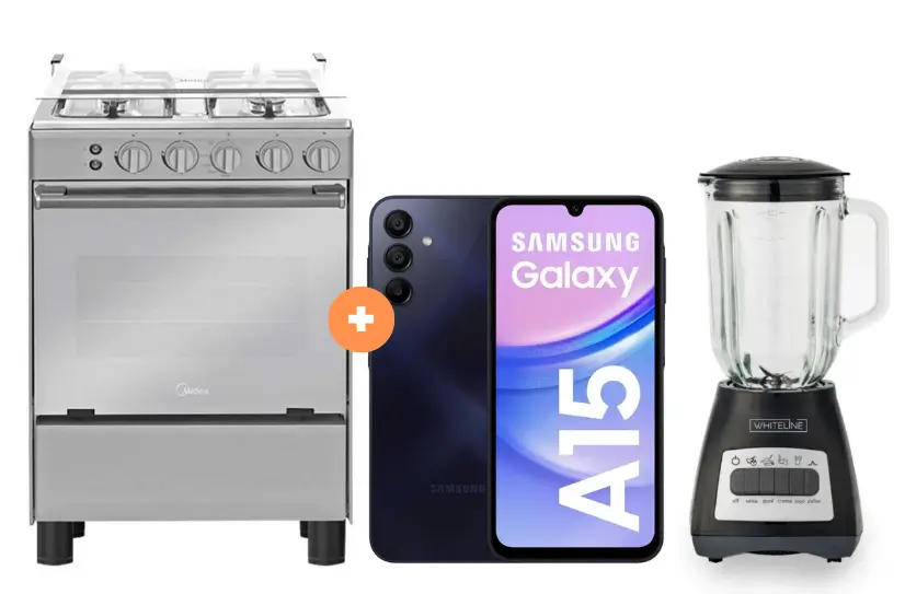 COCINA MIDEA 24" MGS24 4 HORNILLAS HIERRO CON CONEXIÓN + Celular Samsung Galaxy A15 Negro de 256 GB 8 GB RAM + LICUADORA WHITELINE 1.5 LTS 400W VASO VIDRIO - 4507185-2
