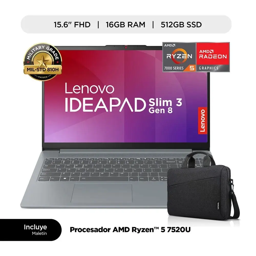 LAPTOP LENOVO IDEAPAD SLIM 3 AMD RYZEN5 7520U(4N/8SUB), 16GB, 512GB SSD, 15.6" FHD, WINDOWS 11, COLOR: ARCTIC GREY + MALETIN LENOVO.