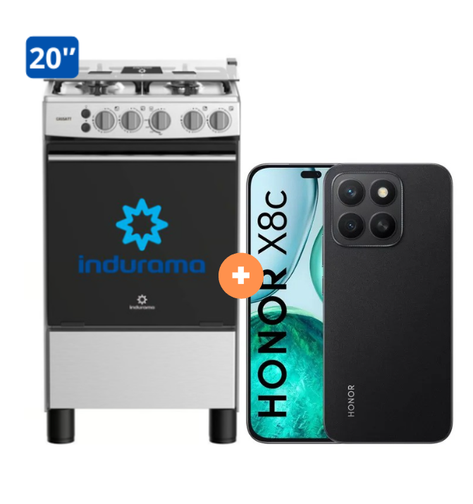 COCINA INDURAMA 20" 4 HORNILLAS CASSAT CON CONEXIÓN + Celular Honor X8C 8gb, 256GB  Color Midnigth Black / Moonligth White -  4507176 -1 