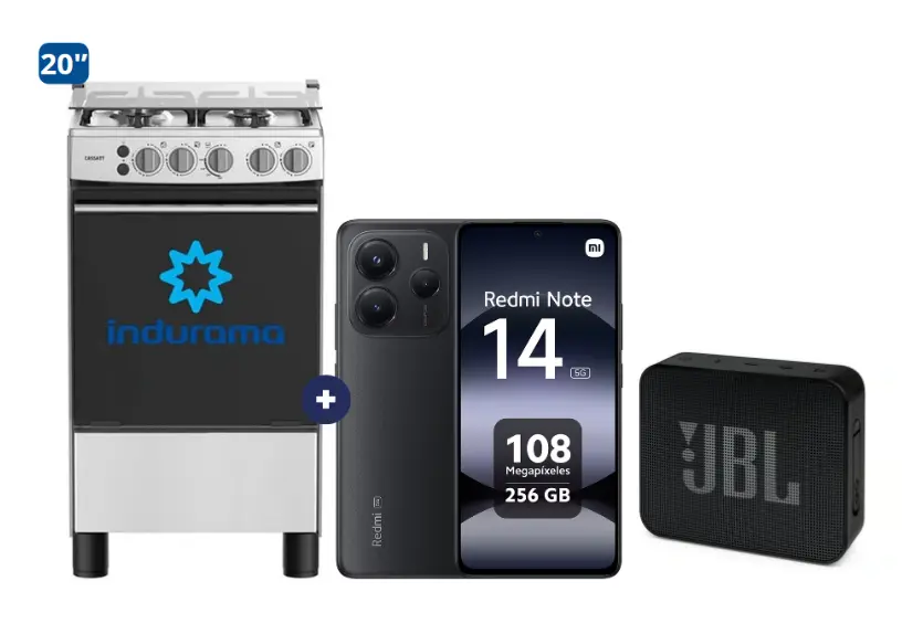 COCINA INDURAMA 20" 4 HORNILLAS CASSAT + CONEXIÓN +Celular Redmi Note 14  6.67"  8GB 256GB  black + PARLANTE JBL GO BLUETOOTH NEGRO - 4507077 - 3