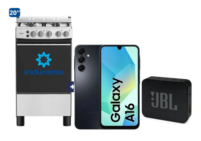 COCINA INDURAMA 20" 4 HORNILLAS CASSAT CON CONEXIÓN +  CELULAR SAMSUNG A16 8gb, 256 GB + PARLANTE JBL GO BLUETOOTH NEGRO - 4507077- 4