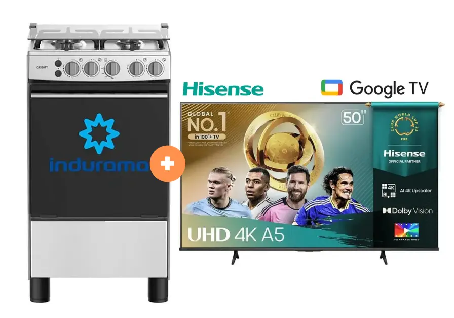 COCINA INDURAMA 20" 4 HORNILLAS CASSAT CON CONEXIÓN + TELEVISOR HISENSE QLED 50" UHD SMART TV 50Q6QV VIDDA MOD. 2025 - 4507077 - 5