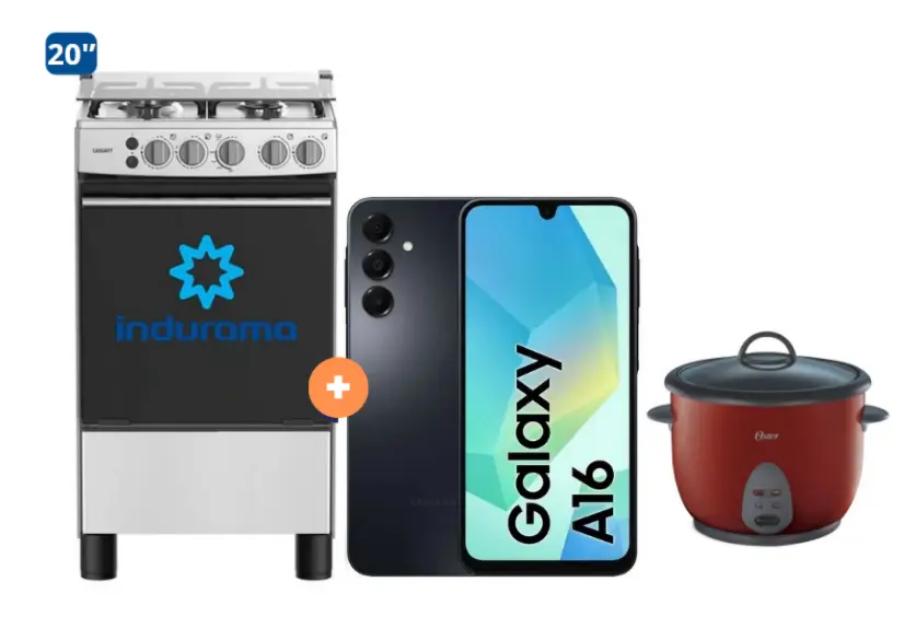COCINA INDURAMA 20" 4 HORNILLAS CASSAT CON CONEXIÓN + Celular Samsung Galaxy A16 Negro de 128GB 4GB RAM + OLLA ARROCERA OSTER 1.8 LTS - 4507177 - 4