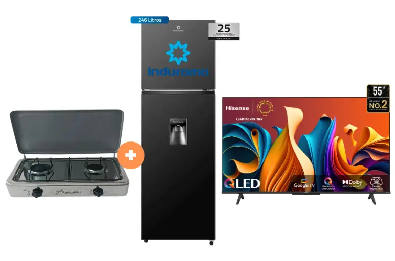 COCINA "SUPERIOR" DE MESA  2 HORNILLAS, ACERO BRILLANTE,POTENCIA 1.95KW x 2 CON CONEXIÓN GRATIS + TV HISENSE 55" SMART QLED 55Q6N GOOGLE TV + REFRIGERADORA INDURAMA  246 lts INVERTER C/ DISPENSADOR NEGRA RI-389DNI- 4508044 - 3