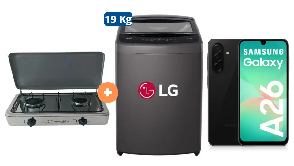 COCINA "SUPERIOR" DE MESA  2 HORNILLAS, ACERO BRILLANTE,POTENCIA 1.95KW x 2 CON CONEXIÓN +  LAVADORA LG 19 KG Carga superior Smart Inverter WT19BVTB Mod 2024 Negro Claro + CELULAR SAMSUNG A26 5G 6.7" 6GB RAM 128GB Negro - 4508044 - 5