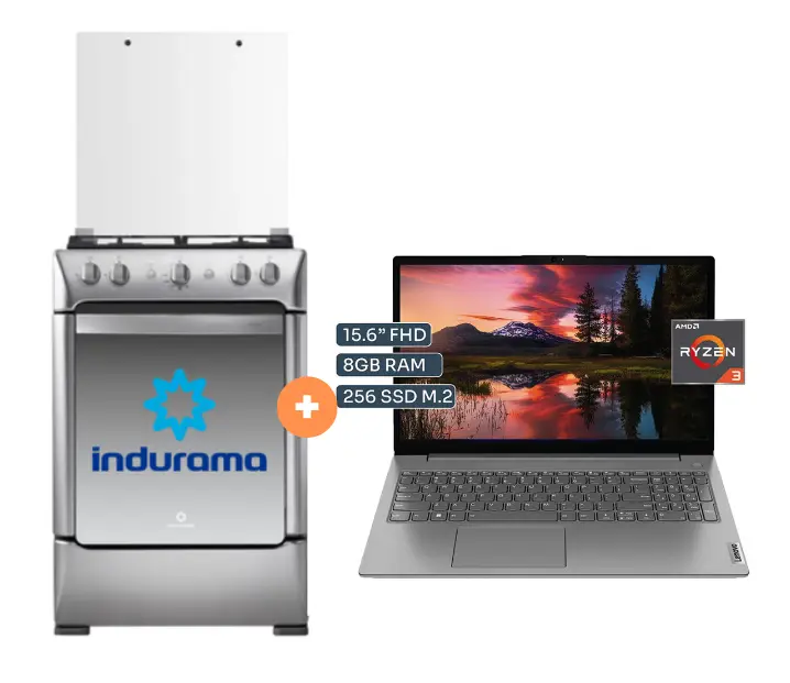 COCINA INDURAMA 24" 4H GRANADA + CONEXIÓN + Laptop Lenovo V15 G4 AMN 15.6" FHD, AMD RYZEN 3 - 7320U, 8GB DDR5, 256 GB SSD  Windows 11 Gris. - 4504494 - 1