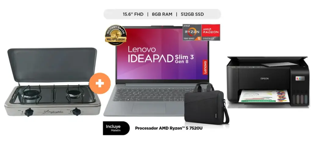 COCINA "SUPERIOR" DE MESA 2 HORNILLAS, ACERO BRILLANTE,POTENCIA 1.95KW x 2 CON CONEXIÓN + LAPTOP LENOVO IDEAPAD SLIM 3 AMD RYZEN5 7520U(4N/8SUB), 16GB, 512GB SSD, 15.6" FHD, WINDOWS 11, COLOR: ARCTIC GREY + MALETIN LENOVO1 + IMPRESORA EPSON 3250 WIFI - 4508044 - 8