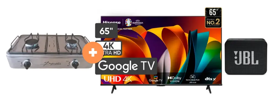 COCINA "SUPERIOR" DE MESA  2 HORNILLAS, ACERO BRILLANTE,POTENCIA 1.95KW x 2 CON CONEXIÓN +  TELEVISOR HISENSE 65" SMART 65A6NA 4K UHD GOOGLE TV + PARLANTE BLUETOOTH JBL GO Essential Black - 4507368-1 