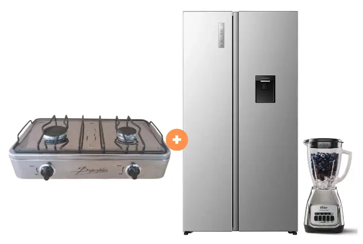 COCINA "SUPERIOR" DE MESA  2 HORNILLAS, ACERO BRILLANTE,POTENCIA 1.95KW x 2 CON CONEXIÓN + REFRIGERADORA HISENSE SIDE BY SIDE 529 LT C/DISPENSER COLOR GRIS, M.  INVERTER C/ 5 SENSORES TEMPERATURA (RS3P558NMCA) + LICUADORA OSTER KALIMAN 2 VEL. VASO VIDRIO 1.5 LT  C.NIQUEL - 4507367 - 12
