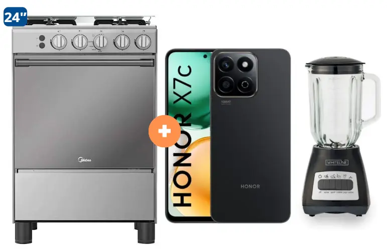 COCINA MIDEA 24" MGS24 4 HORNILLAS HIERRO CON CONEXIÓN + CELULAR HONOR X7C 6.7" 256GB 8GB RAM COLOR MIDNIGHT BLACK +  LICUADORA WHITELINE 1.5 LTS 400W VASO VIDRIO - 4507185 - 2