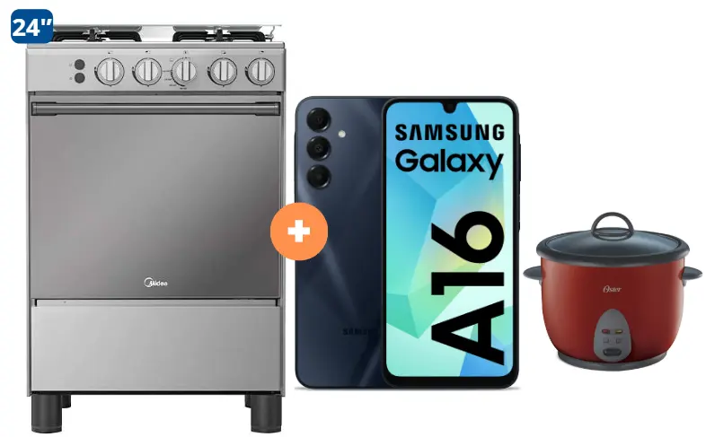 COCINA MIDEA 24" MGS24 4 HORNILLAS HIERRO+ CONEXIÓN + CELULAR SAMSUNG A16 4gb, 128 GB  +OLLA ARROCERA OSTER 1.8 LTS - 4507185- 4  