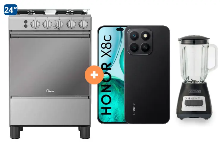 COCINA MIDEA 24" MGS24 4 HORNILLAS HIERRO CON CONEXIÓN +  CELULAR HONOR X8C 6.77" 256GB 8GB RAM NEGRO/VERDE  +  LICUADORA WHITELINE 1.5 LTS 400W VASO VIDRIO - 4507184 - 3
