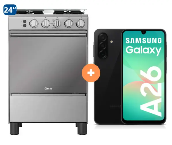 COCINA MIDEA 24" MGS24 4 HORNILLAS HIERRO CON CONEXIÓN + CELULAR SAMSUNG GALAXY A26 128 GB 6GB RAM NEGRO - 4507184- 2