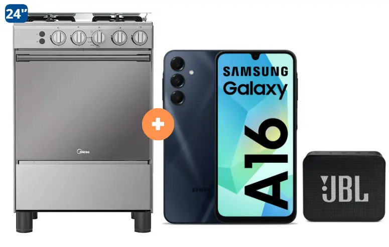 COCINA MIDEA 24" MGS24 4 HORNILLAS HIERRO CON CONEXION+ CELULAR SAMSUNG GALAXY A16 6.7"  8GB RAM 256GB Negro  +  PARLANTE JBL GO BLUETOOTH NEGRO  - 4507184- 4
