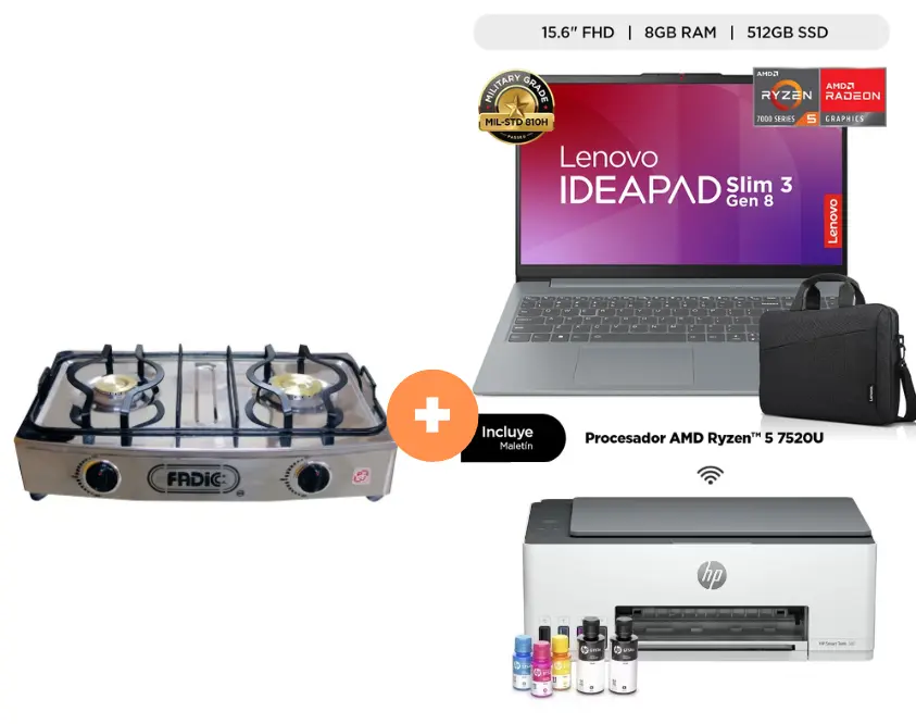 COCINA FADIC 2H SUPERIOR DE MESA CON CONEXIÓN + LAPTOP LENOVO IDEAPAD SLIM 3 AMD RYZEN5 7520U(4N/8SUB), 8GB, 512GB SSD, 15.6" FHD, WINDOWS 11, COLOR: ARCTIC GREY + MALETIN LENOVO + IMPRESORA HP MULTIFUNCIONAL SMART TANK 580, 3 EN UNO, WIFI , BLUETOOH - 4507367 - 9 