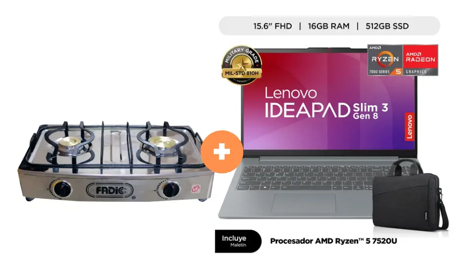 COCINA FADIC 2H SUPERIOR DE MESA CON CONEXIÓN + LAPTOP LENOVO IDEAPAD SLIM 3 AMD RYZEN5 7520U(4N/8SUB), 16GB, 512GB SSD, 15.6" FHD, WINDOWS 11, COLOR: ARCTIC GREY + MALETIN LENOVO - 4507367 - 11