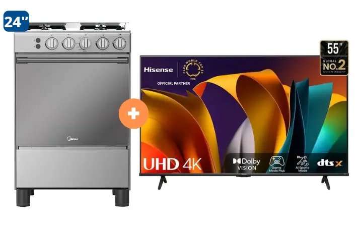 COCINA MIDEA 24" MGS24 4 HORNILLAS HIERRO  CON CONEXIÓN + TELEVISOR HISENSE 55" SMART 4K UHD VIDAA,  55A6N - 4507183-1 