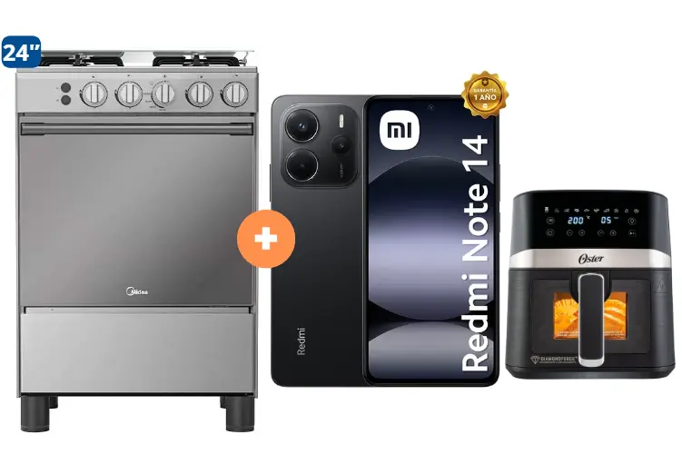 COCINA MIDEA 24"  MGS24 4 HORNILLAS HIERRO CON CONEXIÓN + Celular Redmi Note 14 negro 8GB RAM 256GB + FREIDORA  DE AIRE DIGITAL OSTER 4 LTS CON LUZ - 4507183 - 4