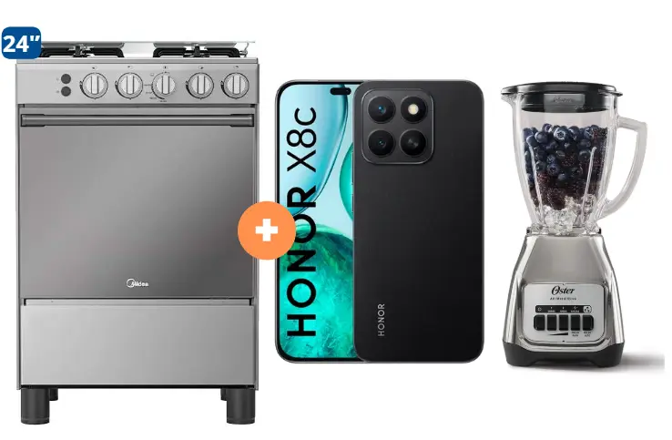 COCINA MIDEA 24" MGS24 4 HORNILLAS HIERRO CON CONEXIÓN +  CELULAR HONOR X8C 6.77" 256GB 8GB RAM NEGRO/VERDE  +   Licuadora OSTER KALIMAN 1.5Lt Col..Nickelado 800W 2 veloc. - 4507183 - 4