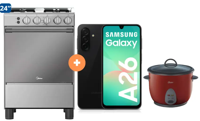 COCINA MIDEA 24" MGS24 4 HORNILLAS HIERRO CON CONEXIÓN + Celular Samsung A26 6gb, 128 GB + Olla arrocera Oster 1.8 Lts - 4507183 - 6