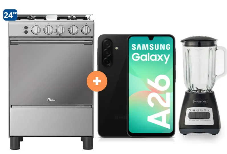 COCINA MIDEA 24" MGS24 4 HORNILLAS HIERRO CON CONEXIÓN +  Celular Samsung A26 6gb, 128 GB + Licuadora Whiteline 1.5 Lts 400W vaso vidrio - 4507183 - 6