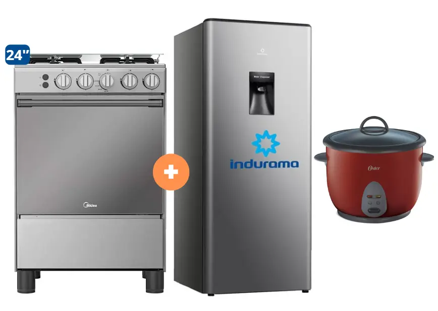 COCINA MIDEA 24" MGS24 4 HORNILLAS HIERRO CON CONEXIÓN + Refrigeradora Indurama RI289D 176 lts + Olla arrocera Oster 1.8 Lts 4507183 - 9