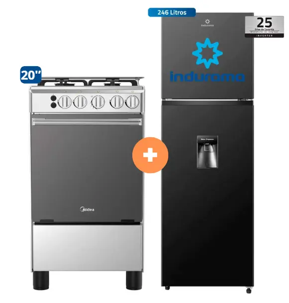 COCINA MIDEA 20" MGS20 4 HORNILLAS HIERRO CON CONEXIÓN + REFRIGERADORA INDURAMA RI-389DNI  246 lts INVERTER CON DISPENSADOR NEGRO - 4507179  - 2