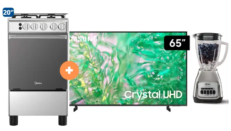 COCINA MIDEA 20" 4 HORNILLAS MGS20 Silver cubierta inox con instalación + Televisor Samsung Smart TV 65" Crystal UHD 4K  UN65DU8000 voice control + Licuadora OSTER KALIMAN 1.5Lt Col.Nickelado 800W 2 veloc. - 4507284 - 4