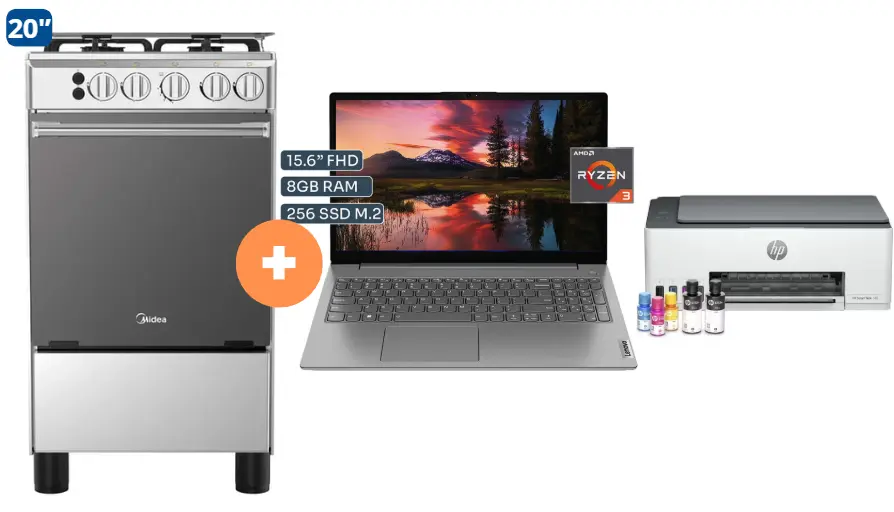 COCINA MIDEA 20" 4 HORNILLAS MGS20 Silver cubierta inox con instalación + Laptop Lenovo V15 G4 AMN 15.6" FHD, AMD RYZEN 3 - 7320U, 8GB DDR5, 256 GB SSD  Windows 11 Gris. + IMPRESORA HP 580 multifuncional tinta continua.  4507284 - 7