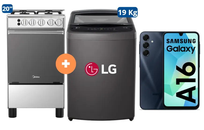 COCINA MIDEA 20" 4 HORNILLAS MGS20FO Silver cubierta inox con instalación + LAVADORA LG 19 KG WT19BV6T Mod 2024 Carga superior Smart Inverter  Middle Black + CELULAR SAMSUNG GALAXY A16 4gb, 128 GB NEGRO - 4507284 - 8