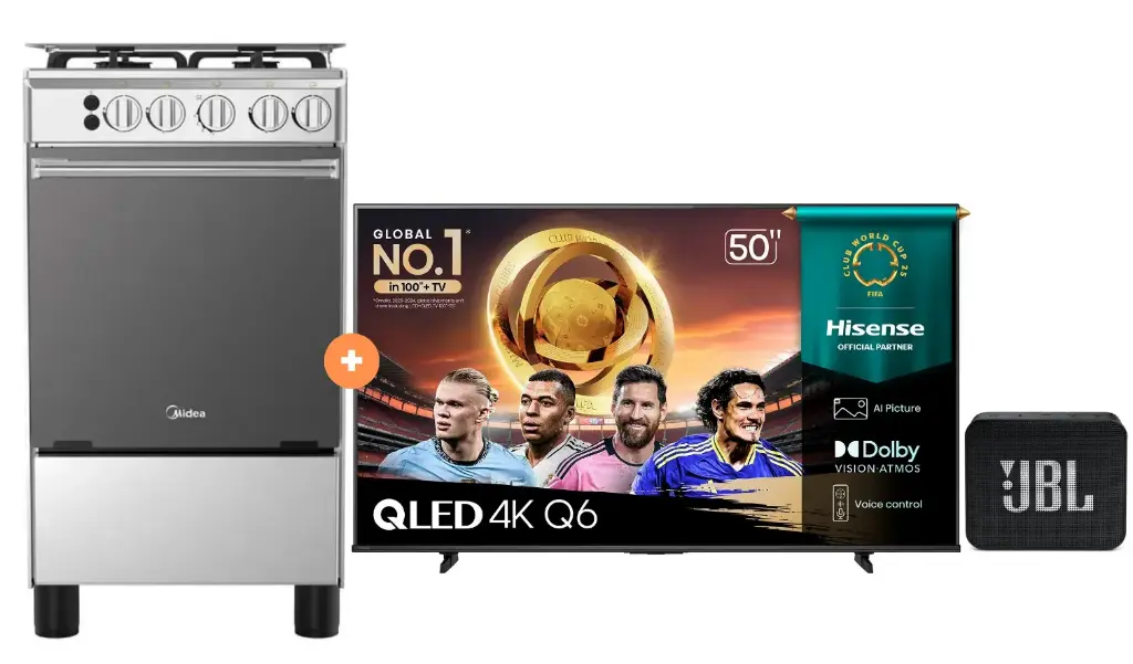 COCINA MIDEA 20" MGS20 4 HORNILLAS HIERRO  CON CONEXIÓN + TELEVISOR HISENSE QLED 50" UHD SMART TV 50Q6QV VIDDA MODELO 2025 + Parlante JBL GO Essential Black  - 4507283 - 3