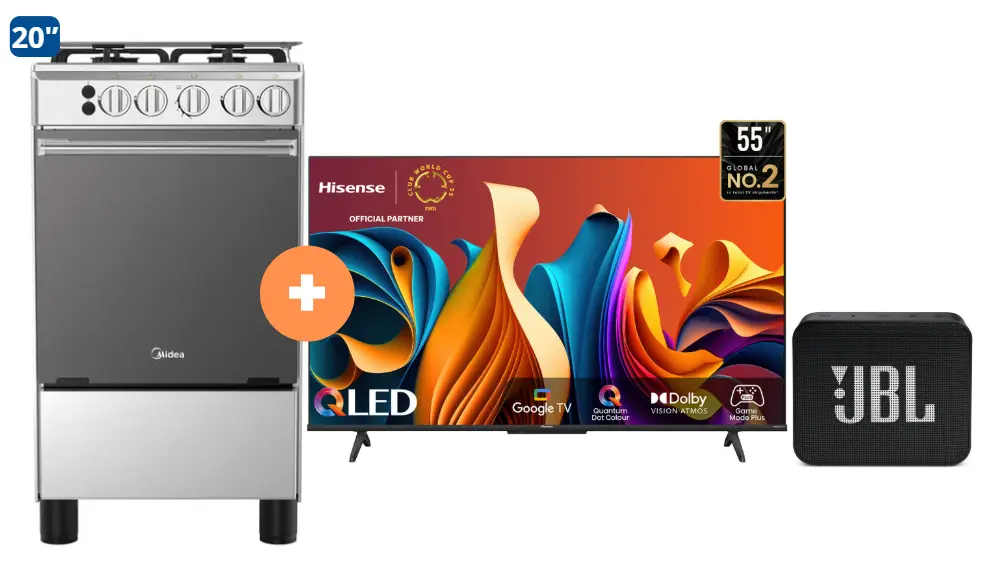 COCINA MIDEA 20" MGS20 4 HORNILLAS HIERRO  CON CONEXIÓN + TV HISENSE 55" QLED GOOGLE TV SMART 55Q6N  + Parlante JBL GO Essential Black  - 4507283 - 2