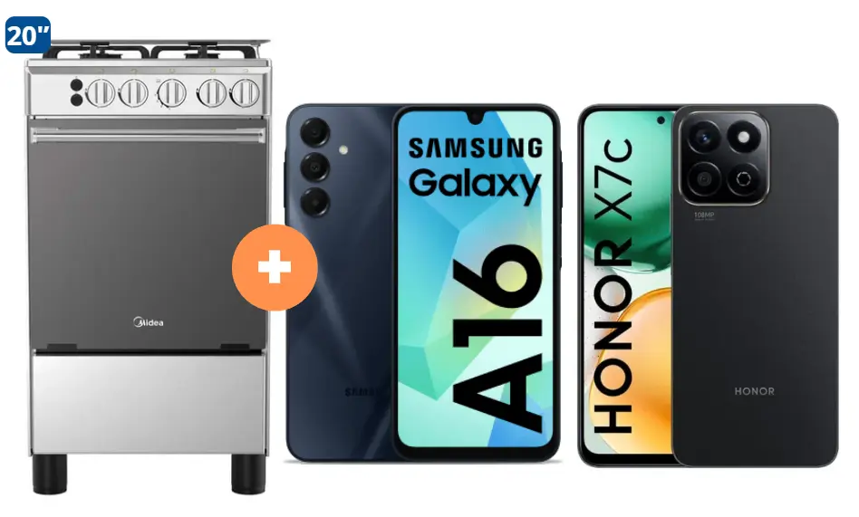 COCINA MIDEA 20" 4 HORNILLAS MGS20 Silver cubierta inox con instalación +  CELULAR SAMSUNG GALAXY A16 6.7"  8GB RAM 256GB Negro + CELULAR HONOR X7C 6.77" 256GB 8GB RAM NEGRO/VERDE. - 4507283- 5