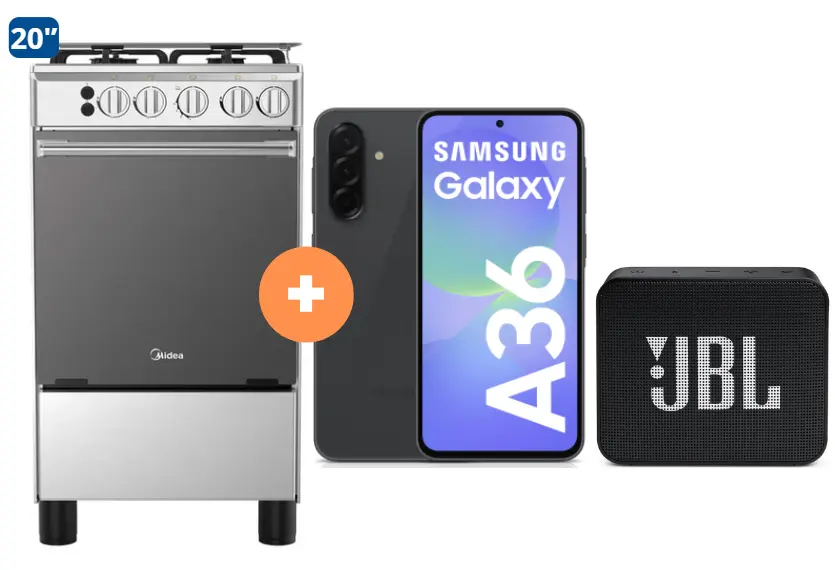 COCINA MIDEA 20" 4 HORNILLAS MGS20 Silver cubierta inox con instalación + CELULAR SAMSUNG GALAXY A36 NEGRO DE 128 GB 6GB RAM + Parlante JBL GO Essential Black - 4507283- 4