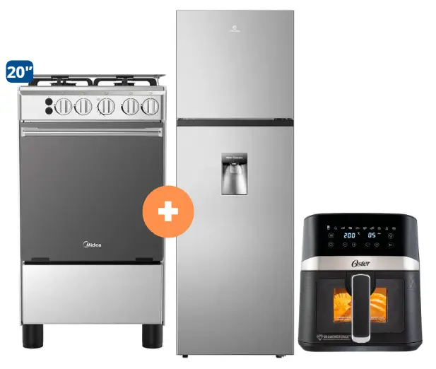 COCINA MIDEA 20" 4 HORNILLAS MGS20 Silver cubierta inox con instalación + REFRIGERADORA INDURAMA RI-389DI  246 lts INVERTER C/DISPENSER CROMA/NEGRO + FREIDORA  DE AIRE DIGITAL OSTER 4 LTS CON LUZ Y VENTANA - 4507283 - 9