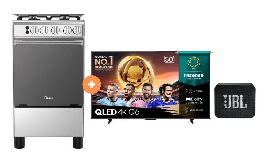 COCINA MIDEA 20" MGS20 4 HORNILLAS DE HIERRO Con Conexión Gratis + TELEVISOR HISENSE QLED 50" UHD SMART TV 50Q6QV VIDDA MODELO 2025 + Parlante JBL GO Essential Black- 4507098 - 4