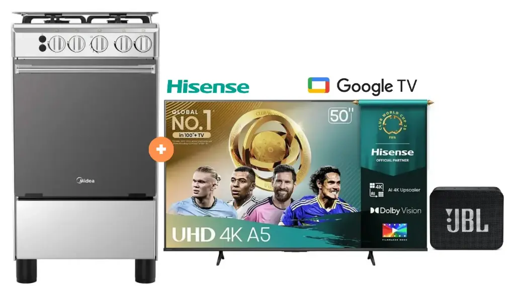 COCINA MIDEA 20" MGS20 4 HORNILLAS DE HIERRO Con Conexión Gratis + TELEVISOR HISENSE QLED 50" UHD SMART TV 50Q6QV VIDDA MODELO 2025 + Parlante JBL GO Essential Black- 4507098 - 4