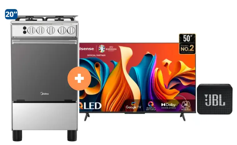COCINA MIDEA 20" MGS20 4 HORNILLAS DE HIERRO Con Conexión Gratis + TV HISENSE 50" QLED GOOGLE TV SMART 50Q6N + Parlante JBL GO Essential Black- 4507098-3