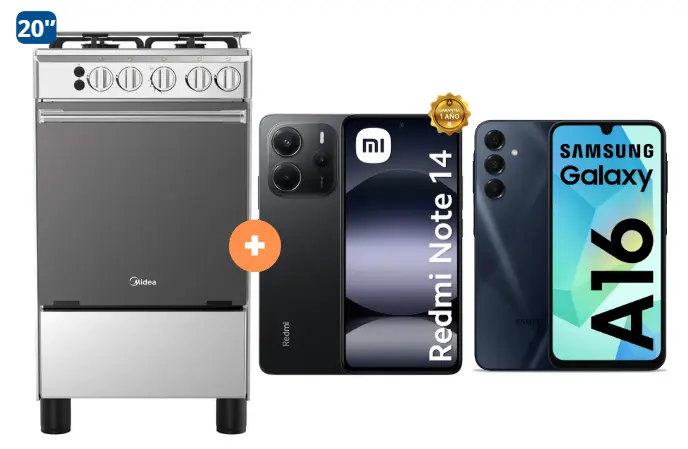 COCINA MIDEA 20" 4 HORNILLAS MGS20 Silver cubierta inox con instalación + CELULAR REDMI NOTE 14  6.67"  6GB RAM 128GB Negro  + CELULAR SAMSUNG GALAXY A16 6.7"  4GB RAM 128GB Negro - 4507098 - 4