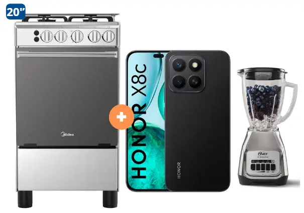 COCINA MIDEA 20" MGS20 4 HORNILLAS HIERRO CON CONEXIÓN + CELULAR HONOR X8C 6.8" 256GB 8GB RAM COLOR MIDNIGHT BLACK + Licuadora OSTER KALIMAN 1.5Lt Col.Nickelado 800W 2 veloc. - 4507097 - 5