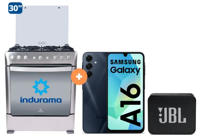 COCINA INDURAMA 30" 6 HORNILLAS PARMA CON CONEXIÓN + CELULAR SAMSUNG GALAXY A16 6.7" 4GB RAM 128GB Negro + Parlante JBL GO Essential Black- 4505359 - 3