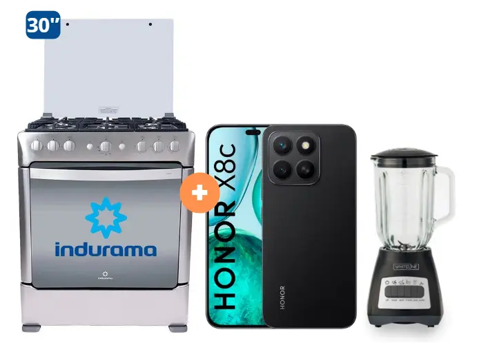COCINA INDURAMA 30" 6 HORNILLAS PARMA + CELULAR HONOR X8C 6.77" 256GB 8GB RAM NEGRO/VERDE  +  LICUADORA WHITELINE 1.5 LTS 400W VASO VIDRIO - 4506414  - 1  