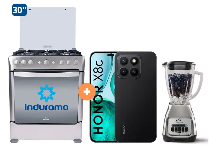 COCINA INDURAMA 30" 6 HORNILLAS PARMA CON CONEXIÓN + CELULAR HONOR X8C 6.8" 256GB 8GB RAM COLOR MIDNIGHT BLACK + Licuadora OSTER KALIMAN 1.5Lt Col..Nickelado 800W 2 veloc. - 4506413- 5