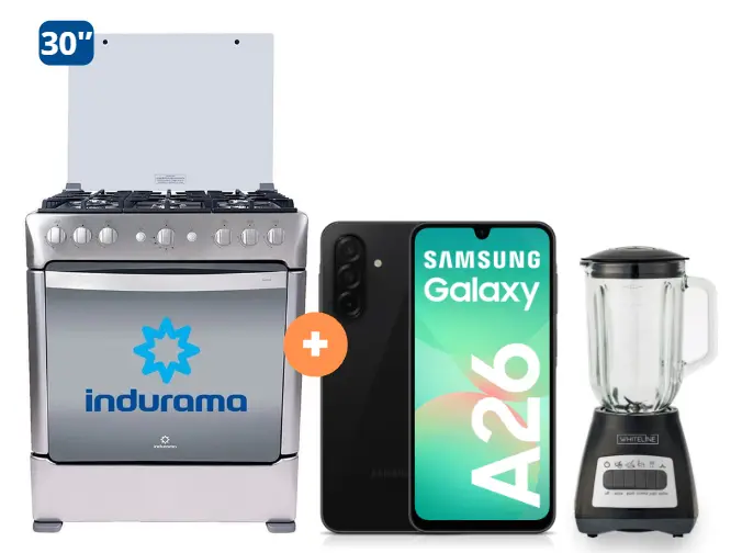 COCINA INDURAMA 30" 6 HORNILLAS PARMA + Celular Samsung A26 6gb, 128 GB + Licuadora Whiteline 1.5 Lts 400W vaso vidrio - 4506413 - 6