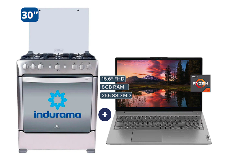 Cocina Indurama 30'' 6 Hornillas Parma con Conexión + Laptop Lenovo V15 G4 AMN 15.6" FHD, AMD RYZEN 3 - 7320U, 8GB DDR5, 256 GB SSD  Windows 11 Gris. - 4504510 - 1