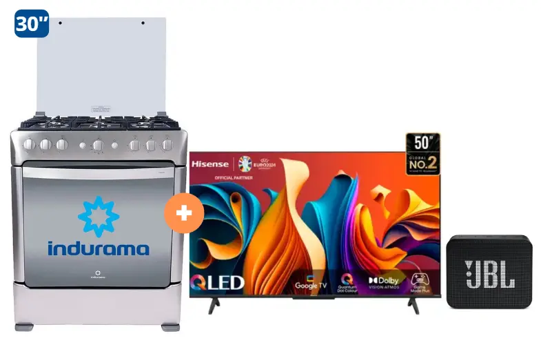 COCINA INDURAMA 30" 6 HORNILLAS PARMA CON CONEXIÓN + TV HISENSE 50" QLED GOOGLE TV SMART 50Q6N + Parlante JBL GO Essential Black - 4504510 - 3
