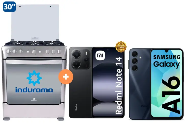 COCINA INDURAMA 30" 6 HORNILLAS PARMA  + CELULAR REDMI NOTE 14  6.67" 6GB RAM 128GB Negro  + CELULAR SAMSUNG GALAXY A16 6.7" 4GB RAM 128GB Negro - 4504510 - 5